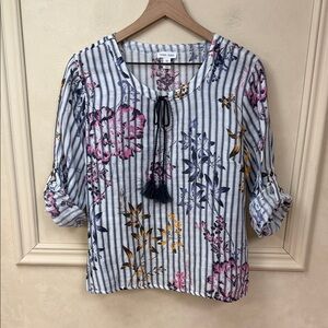 Tribal Women's Roll Up Sleeve Blouse with Tassel